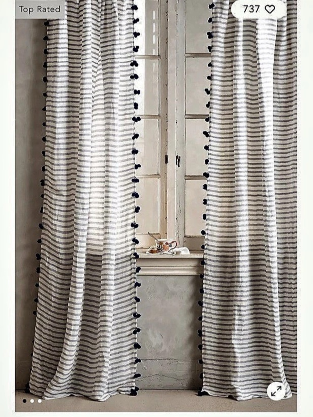 Anthropologie Pom Tassel Curtains Striped Panel White & Gray 50x96”